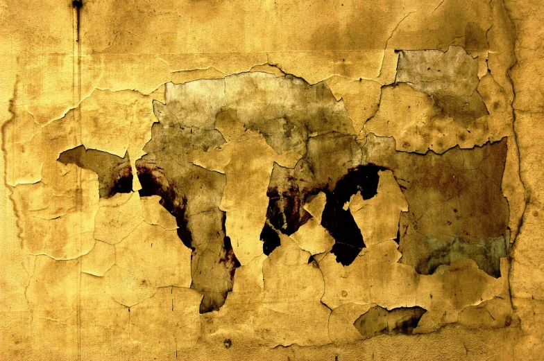 peeling paint in a yellow wall, with a brown bear design