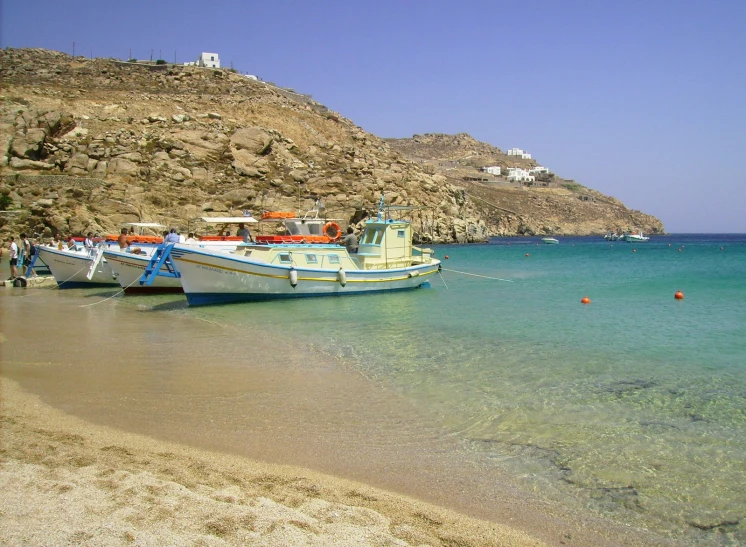 boats docked at the shore of the blue waters