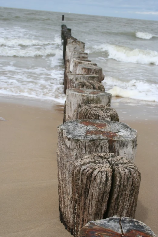 a long wood fence in the sand near the ocean