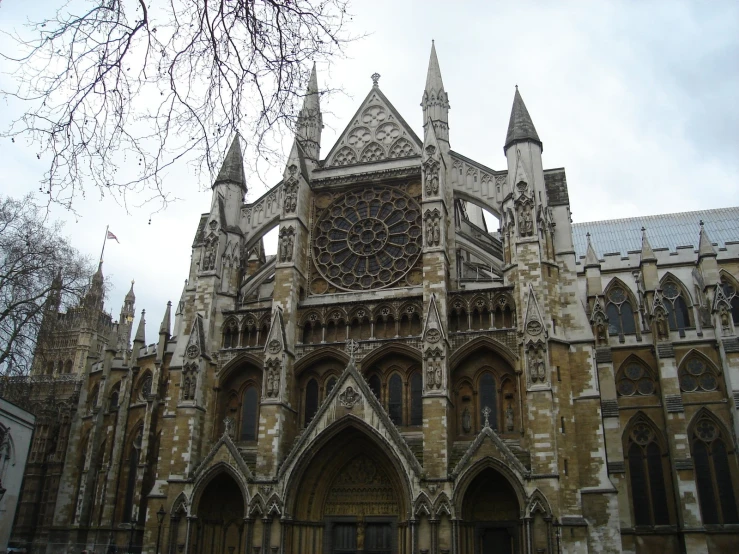 the cathedral is tall and has an elaborate pattern