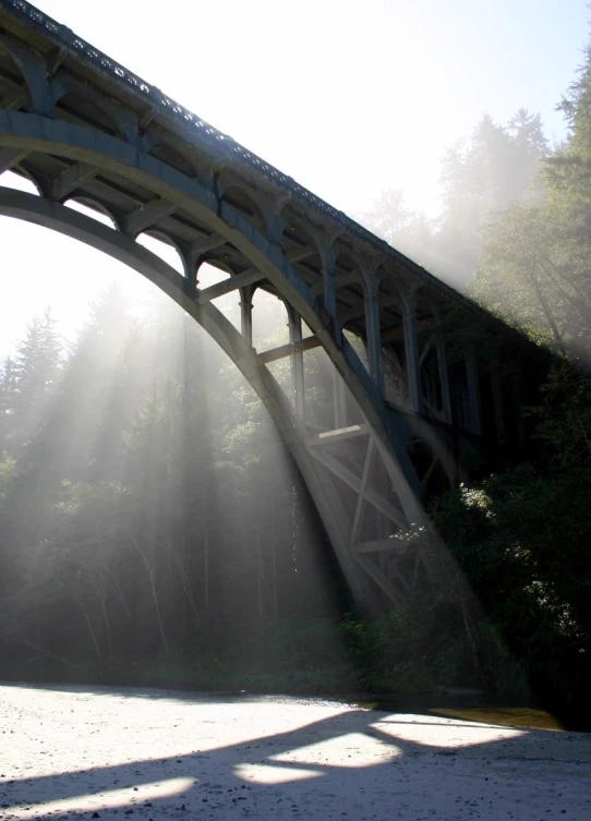 an open bridge is surrounded by fog and trees