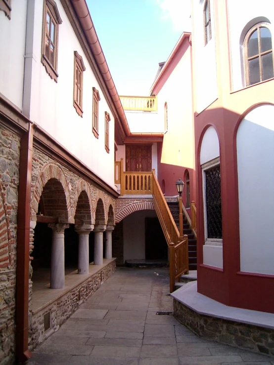 the courtyard inside the building with multiple stairs