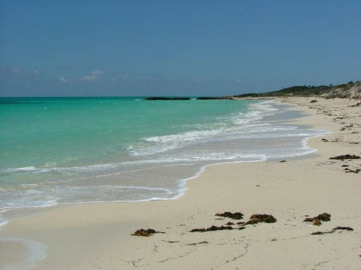 a sandy beach next to the ocean on a clear day