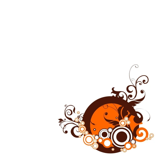 an orange and black abstract background with circles and flowers