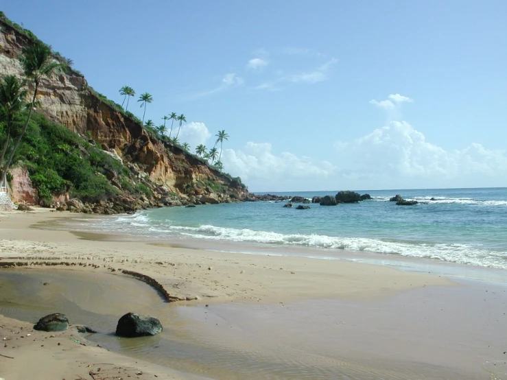 a sandy beach with two large rocks and waves