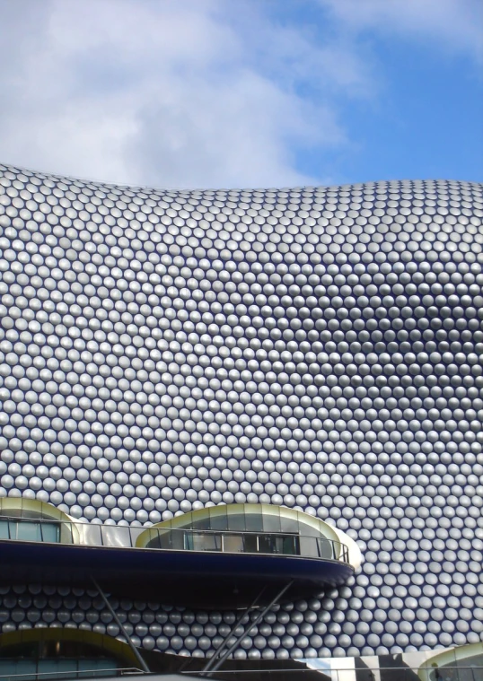 building with white and blue circular design