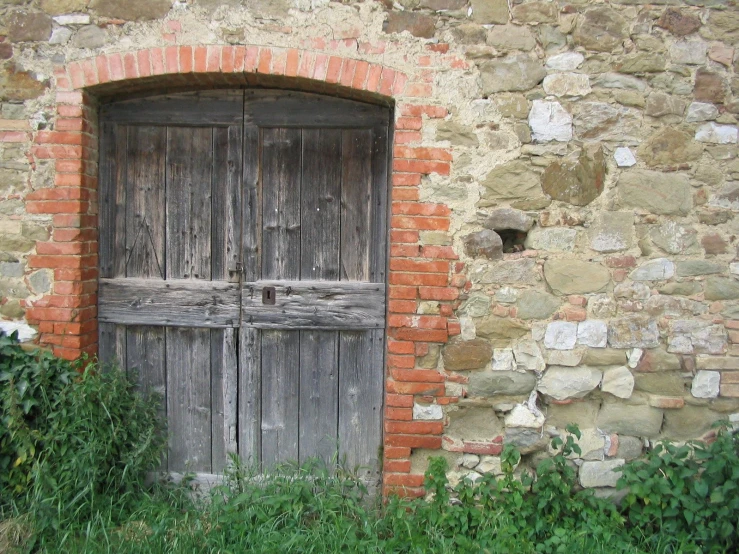 an old door is surrounded by grass