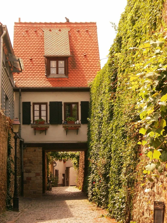 an old house with a red tiled roof