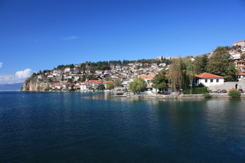 a body of water with many houses and trees on top