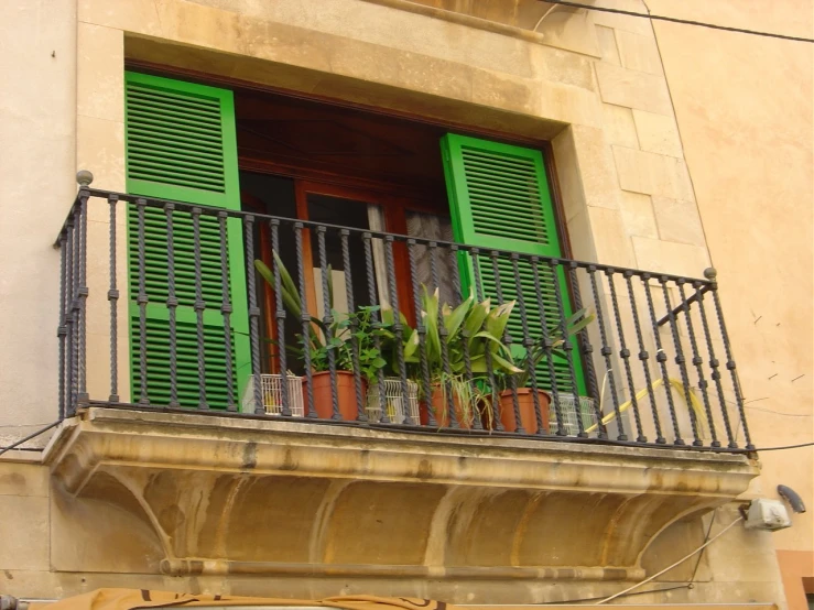 the green shutters on this building are open