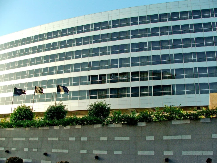 three black and white flags are flying in front of a large building