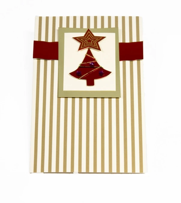 a white paper card with a brown and tan striped background