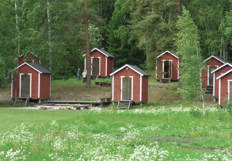 three tiny houses in the woods near some trees