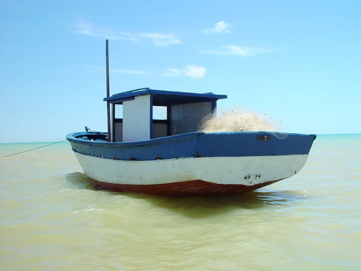 the white and blue fishing boat is parked in shallow water