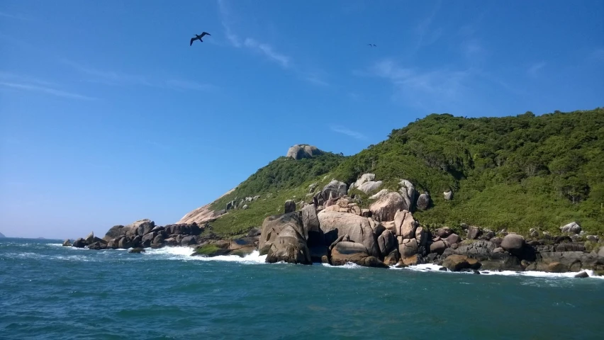 a bird is flying over the ocean with an island on the side