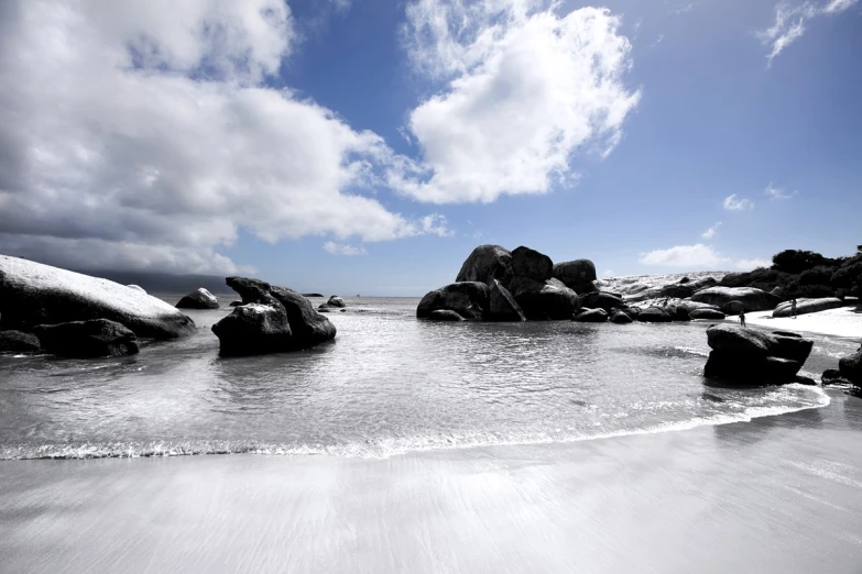 black and white pograph of water with rocks in background