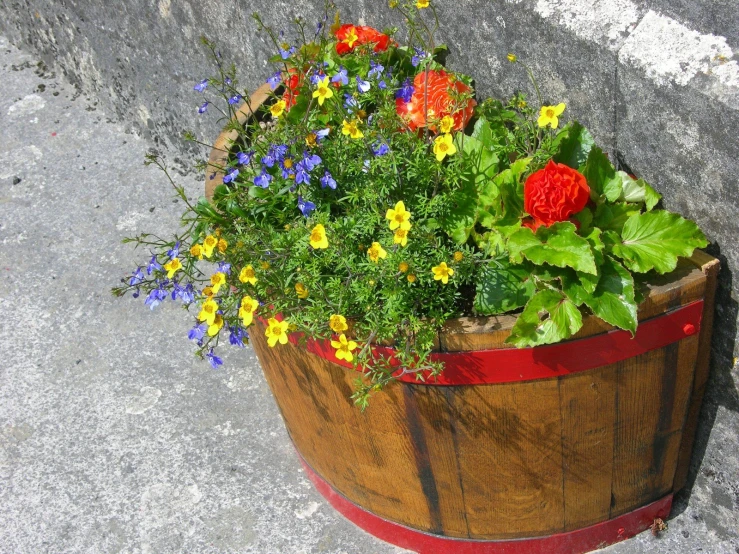 a wooden barrel is holding several colorful flowers
