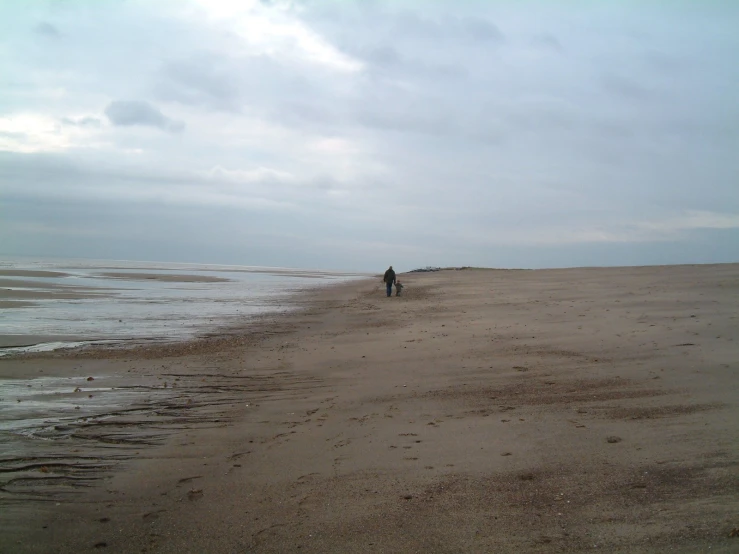 two people are walking along the beach by the water