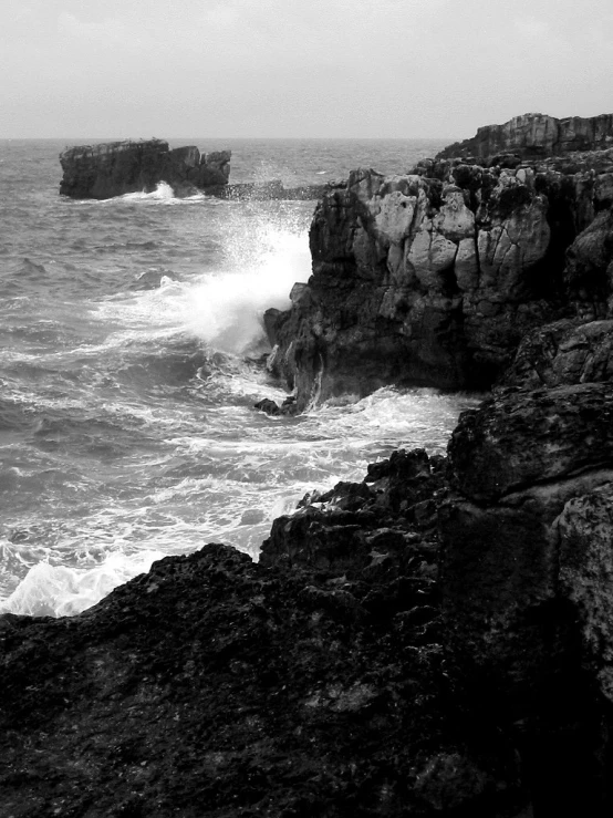 a bird sits on the rocks of a cliff over looking the ocean