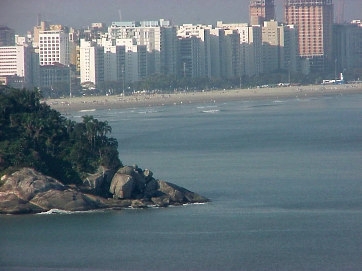 the shore in front of an urban area with tall buildings and water