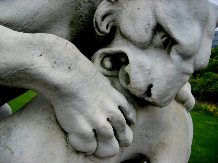 a close up of a cement statue on grass