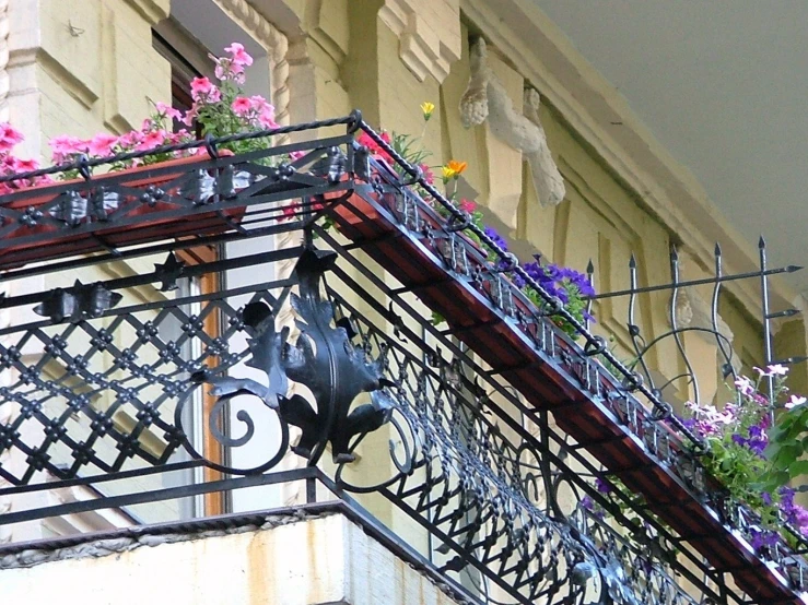this building has a balcony with several flowered planters