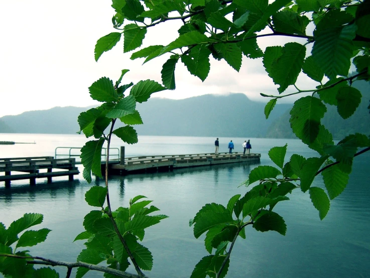 people are sitting on the dock in the lake