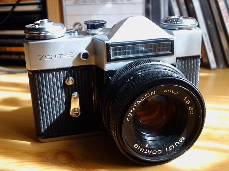 a vintage camera sits on a wooden table