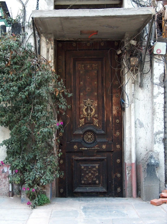 a wooden door with iron bars is opened to expose the interior