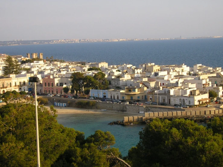 a bunch of buildings sit close to some water