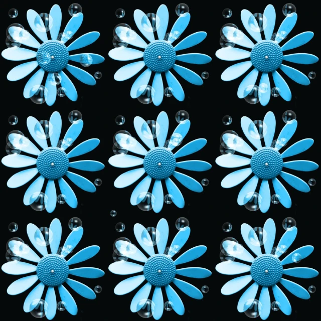 blue and white flowers sit together in the middle of a po