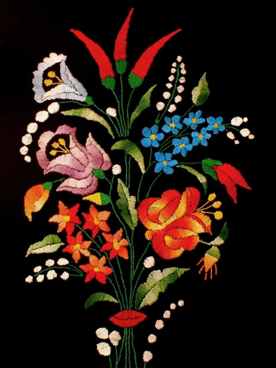 a painting of flowers with green stems