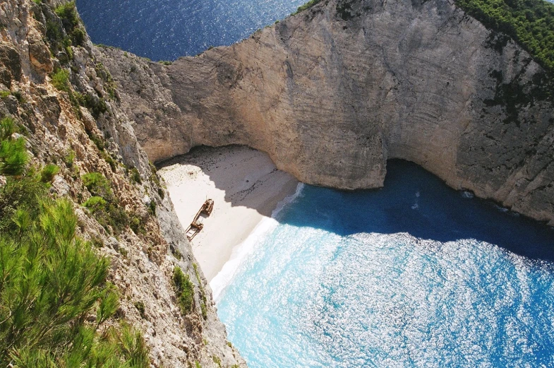 a group of people on a beach next to cliffs