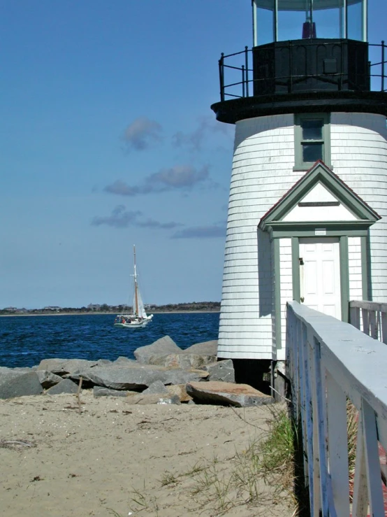 a lighthouse on the beach near some water