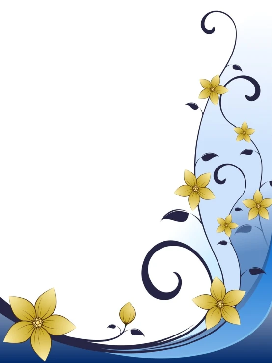 a blue and white background with some yellow flowers
