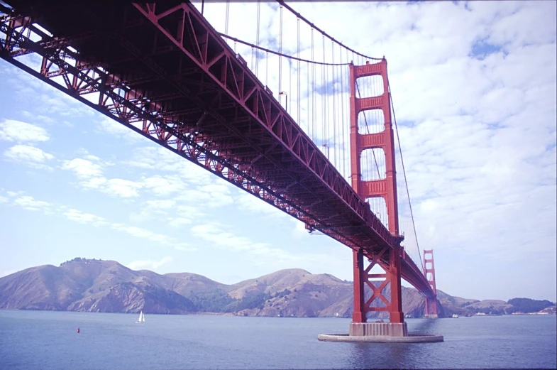 the golden gate bridge spanning the width of the bay and mountains