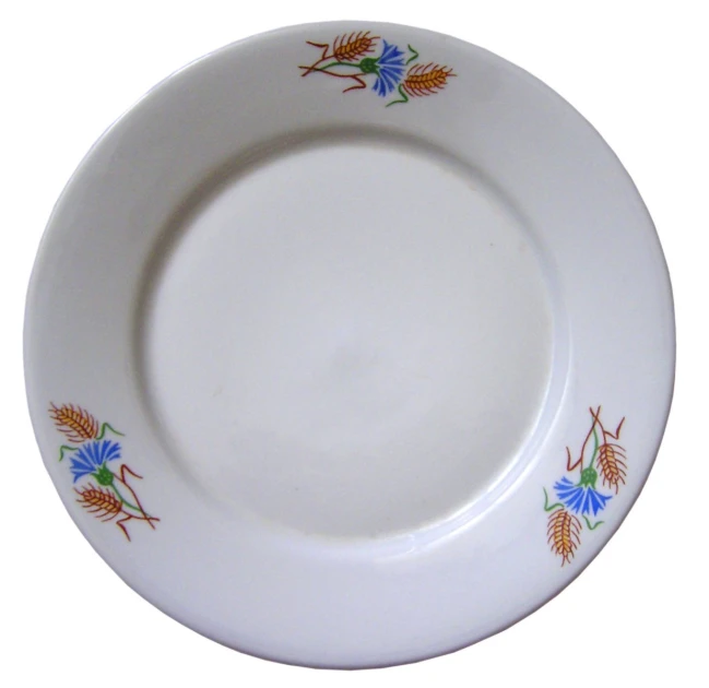 a white plate with blue, yellow and orange flowers on it