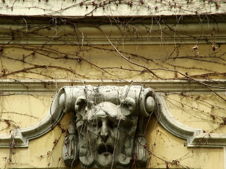 a gargoyle on a building with vines around it