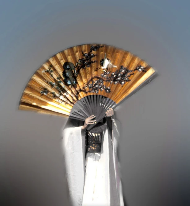 an oriental man holding a wooden fan with erflies on it