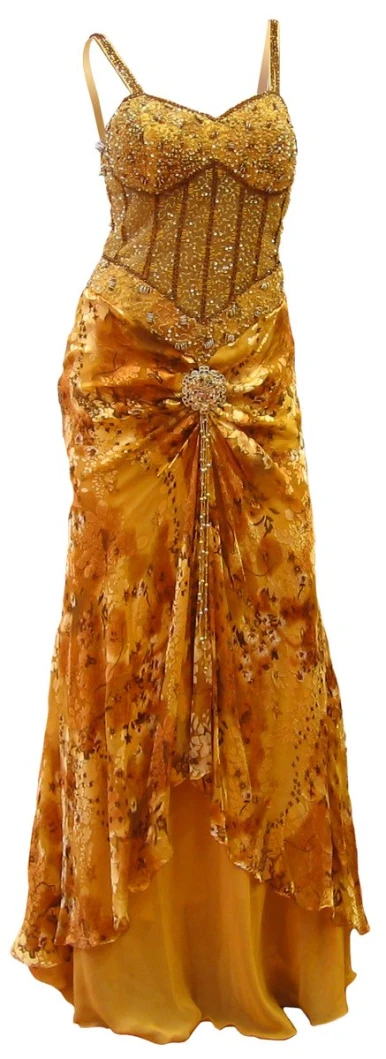 a gold dress that is made out of silk