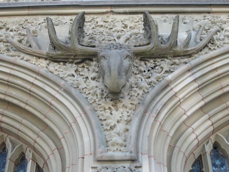 the old carving on the exterior wall of a building with deer's head