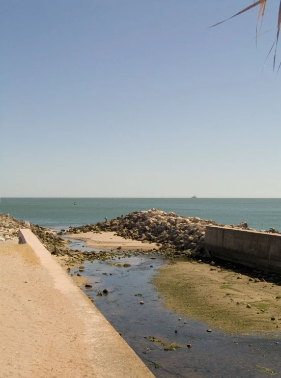 some water and sand near the shore with no waves