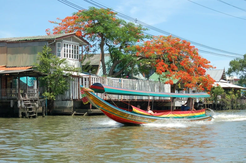 an elaborate colorful boat is going down the river