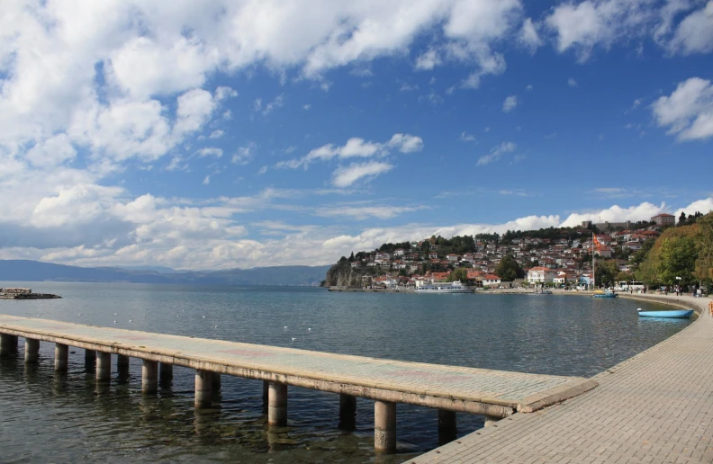 a pier on the side of a large body of water