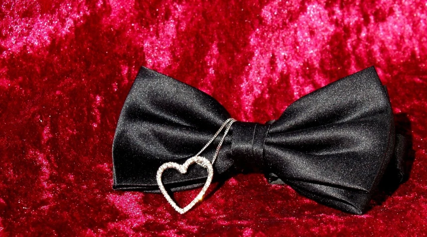 a close up of a black bow tie on red cloth