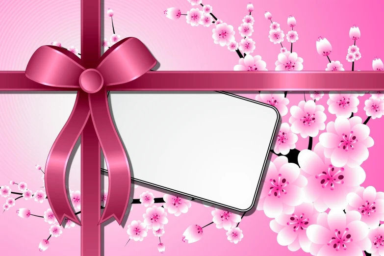 pink flowered background with a white rectangular banner and a pink bow