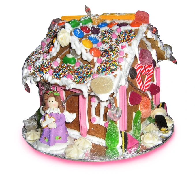 a decorated gingerbread house with sprinkles and decorations