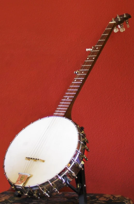 a small white round necked instrument is propped up against a red wall