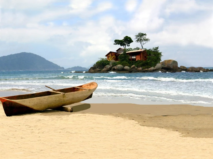 a boat sits on the shore and a small island in the background