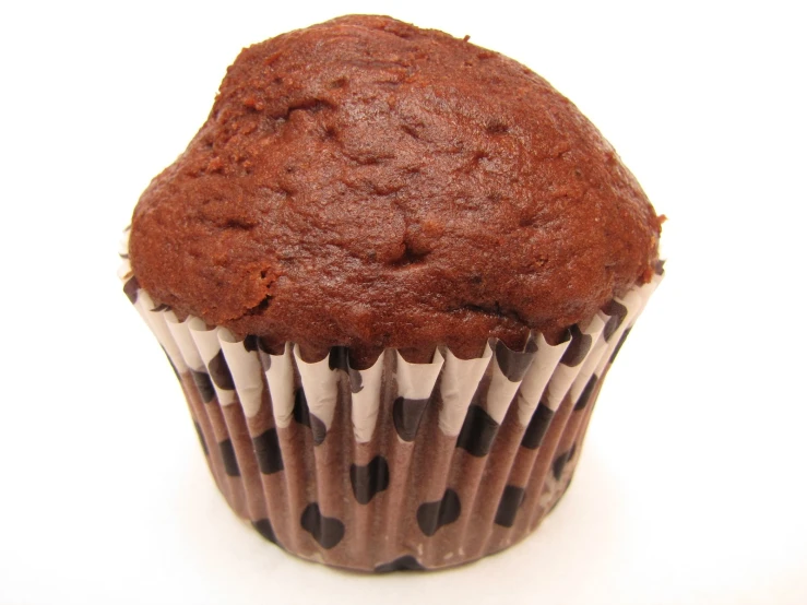 a brown cupcake with chocolate frosting and dots